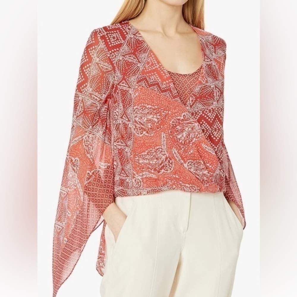 BCBGMaxAzria 100% Silk Coral Red Blouse Size XS XXS Boho Top Statement